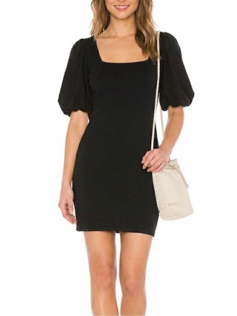 FRAME Nina Puff Sleeve Square Neck Cotton Blend Jersey Mini Dress Size Small New